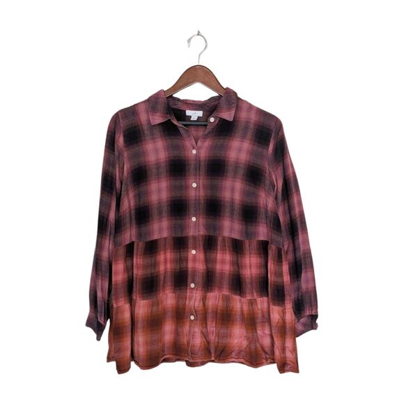 J. Jill Pink Ombre Plaid Tiered Flannel Long Sleeve Button Up Shirt M Cotton Bl - Picture 1 of 7